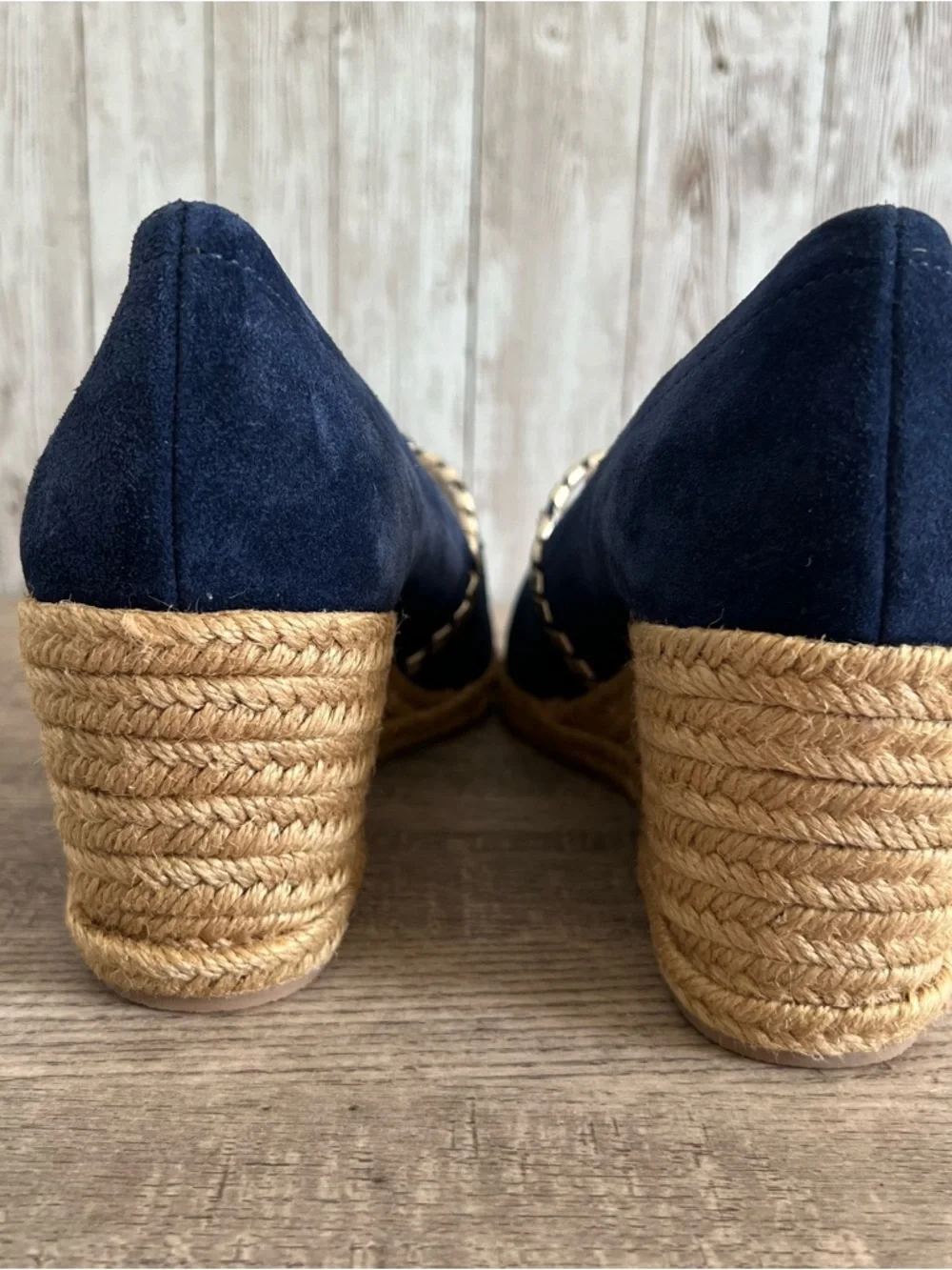 Jack Rogers Navy Gold Espadrille Wedge Peep-Toe Preppy Nautical Cape Size 9
